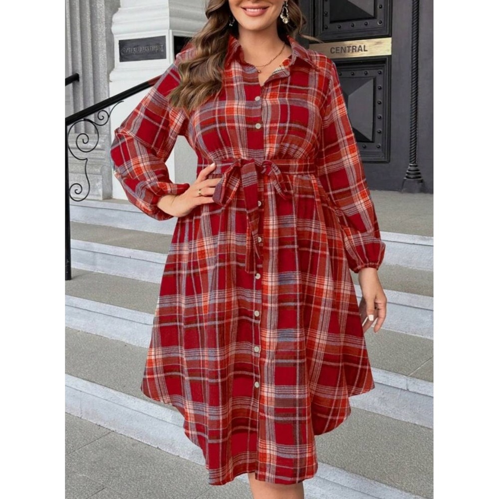 Plaid Flannel Button Front Midi Shirt Dress Sz 4XL Plus Orange Brown Belted - Picture 8 of 8